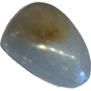 Smooth polished blue angelite carved heart crystal showing natural white mineral flecks on a white background